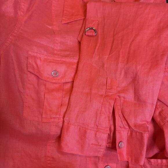Chico's Top Linen Button Up Women's Size 3 (XL) Calypso Coral Sleeve Roll Tabs - Picture 5 of 7